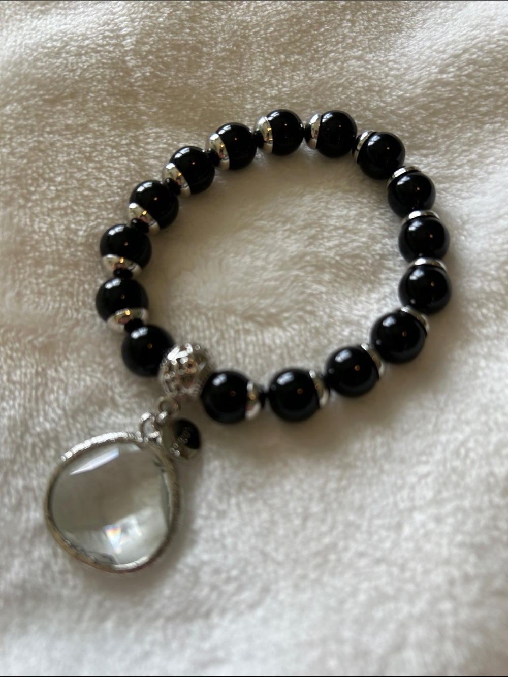 Chico's Black and Silver-Tone Beaded stretch  Bracelet with Clear Pendant.
